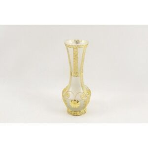Small Frosted Glass Vase with Ornate Metal Cage Marked Greek Gold Plate 22 Kr